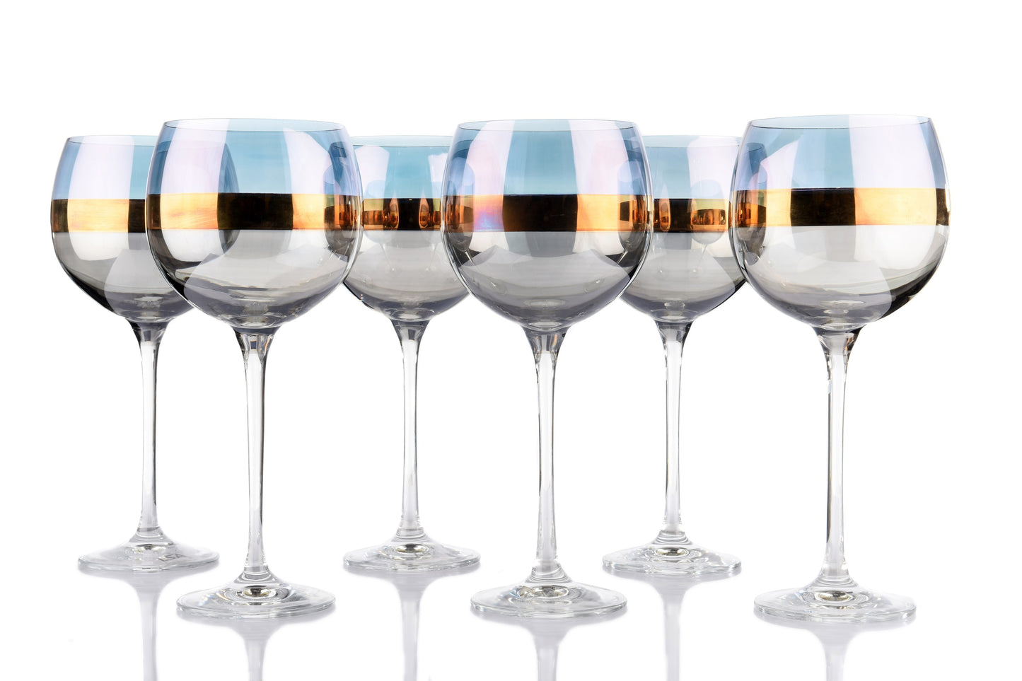 Set of 6 Luxe Gold & Blue Band Wine Glasses