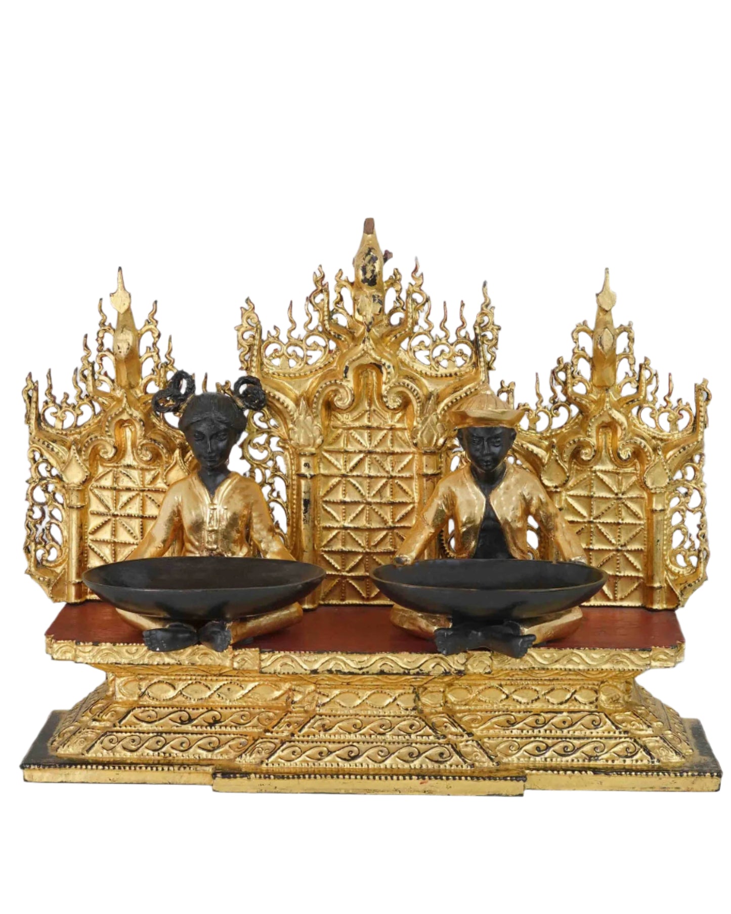 Fine Carved Burmese Wooden Altar With Two Bronze Figures Holding Trays
