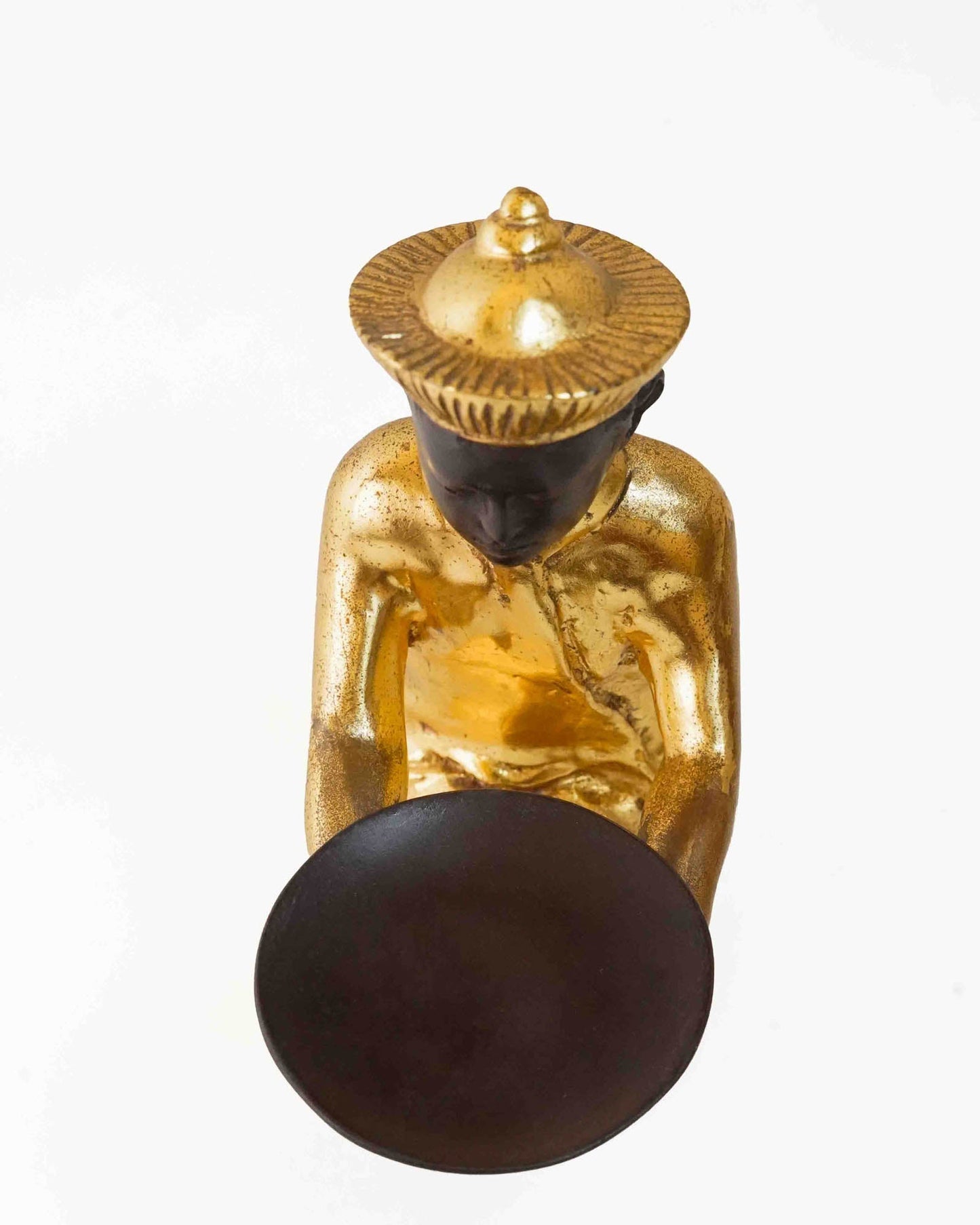 Golden Metallic Statue Of Sitting Asian Man With Tray