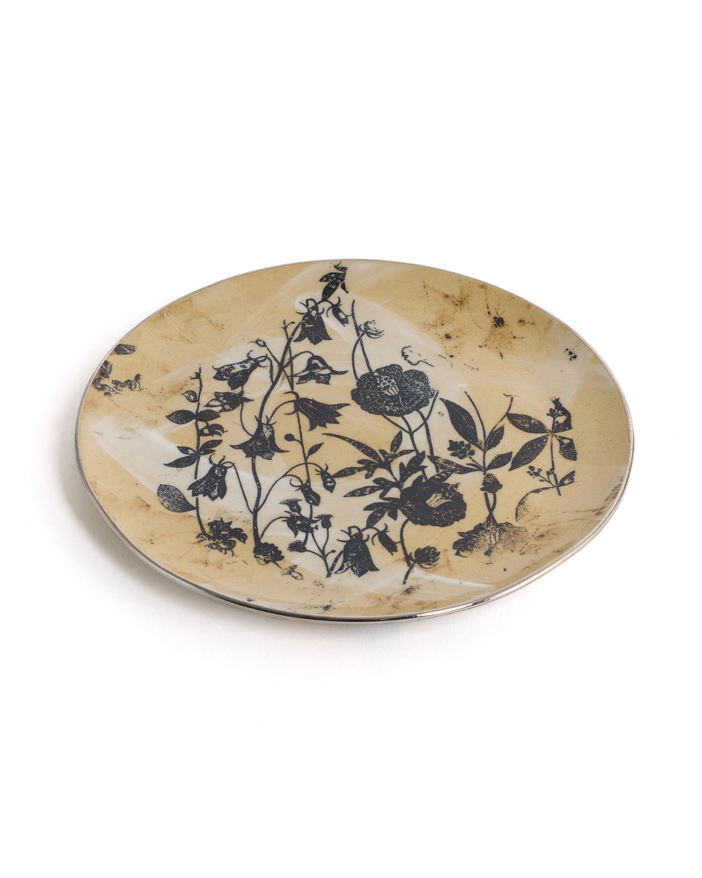 Handcrafted Ash Grey Ceramic Quarter Plate with Vintage Floral Print