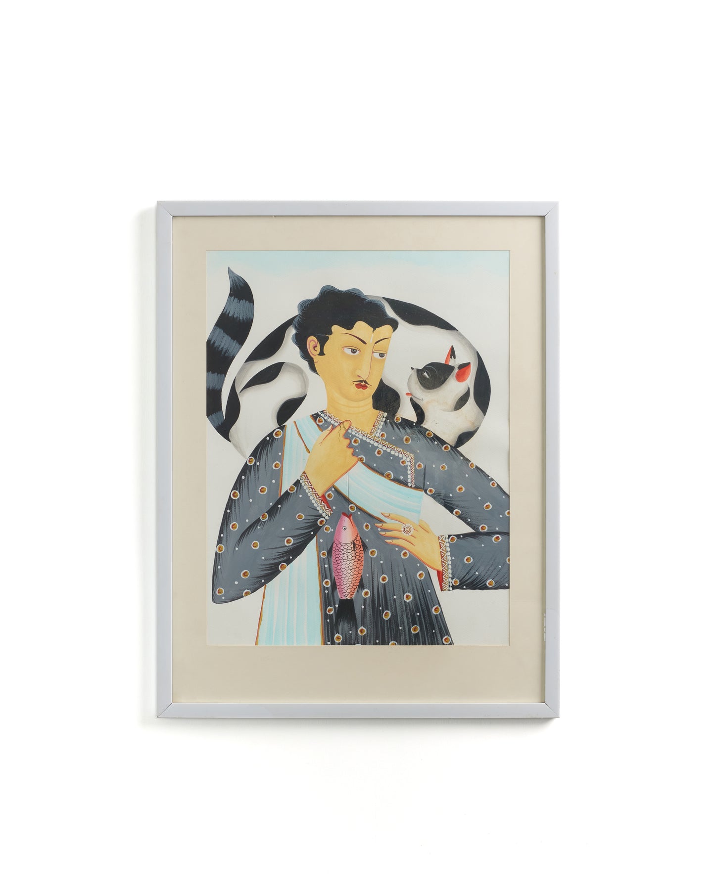 Modern Kalighat "Babu with Cat & Fish" Framed Art Print