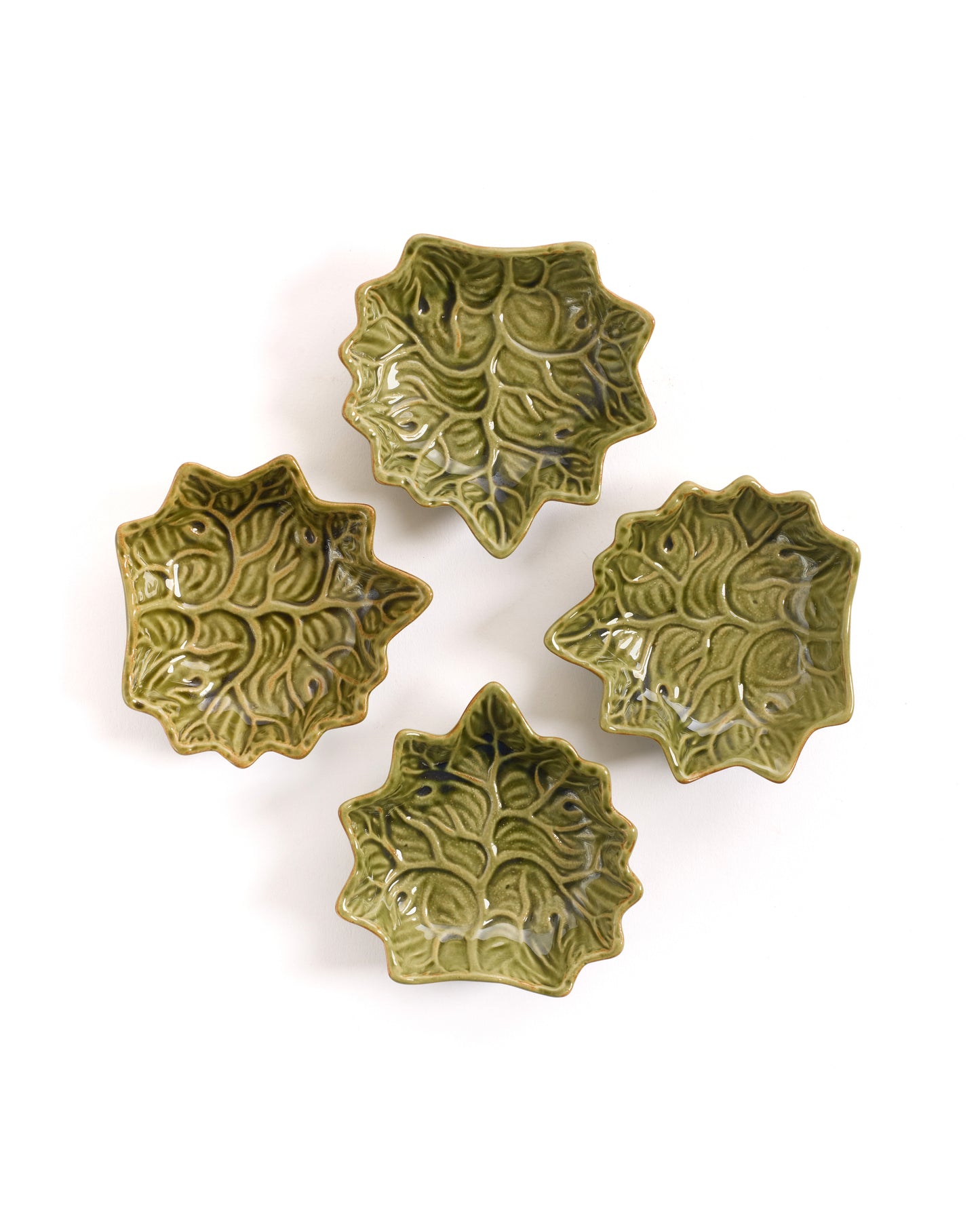 Handcrafted Green Leaf-Shaped Ceramic Bowls – Set of 4