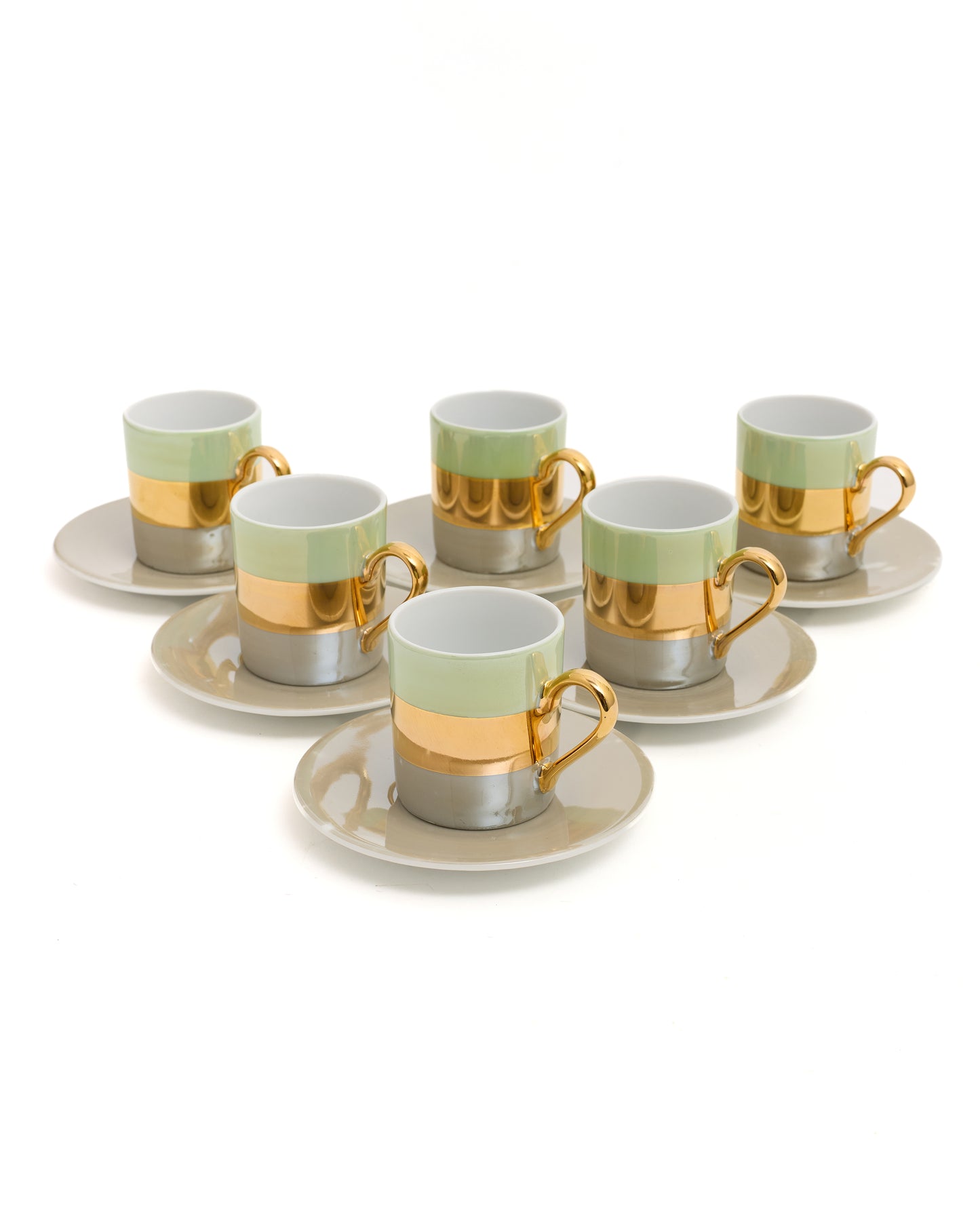 Modern Gold & Sage Espresso Cups- Set of 6 – 6-Piece Porcelain Coffee Set with Saucers