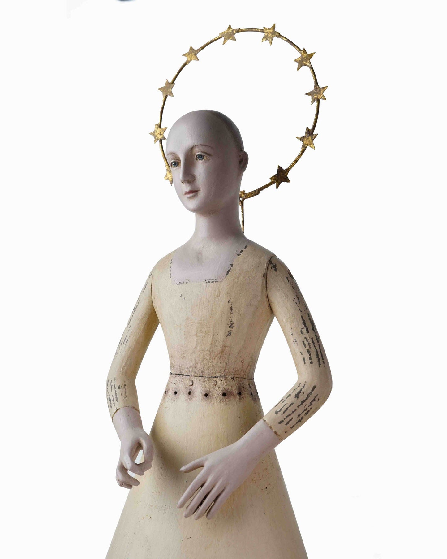 Vintage Wooden Angel Statue with Halo and Pedestal Base