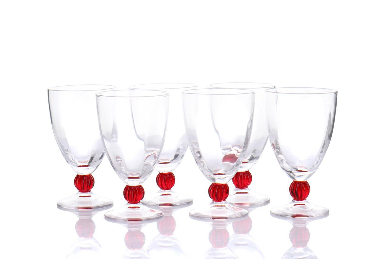 Murano Handblown Clear Goblet Glass with Red Accent Stem- Set of 6
