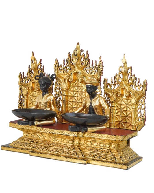 Fine Carved Burmese Wooden Altar With Two Bronze Figures Holding Trays