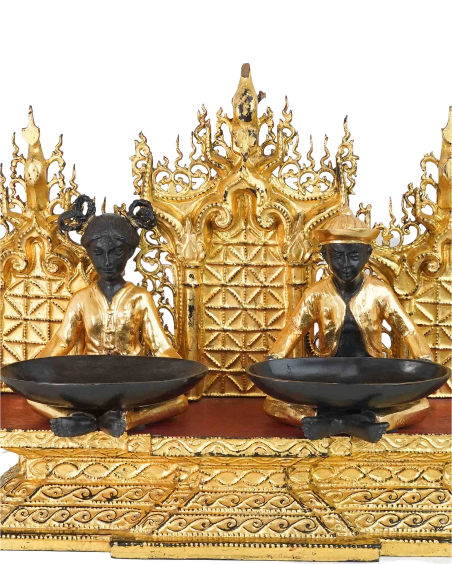 Fine Carved Burmese Wooden Altar With Two Bronze Figures Holding Trays
