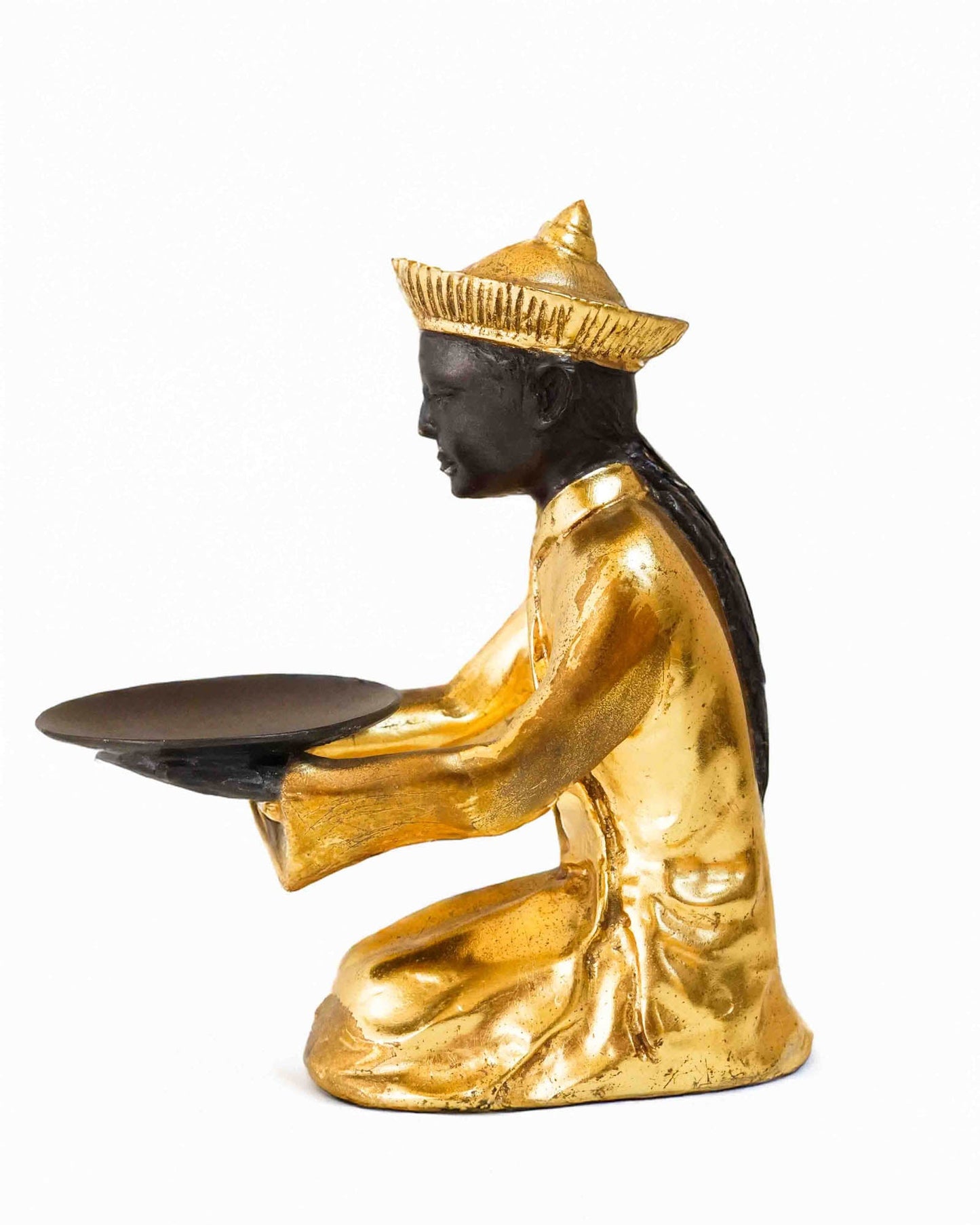Golden Metallic Statue Of Sitting Asian Man With Tray