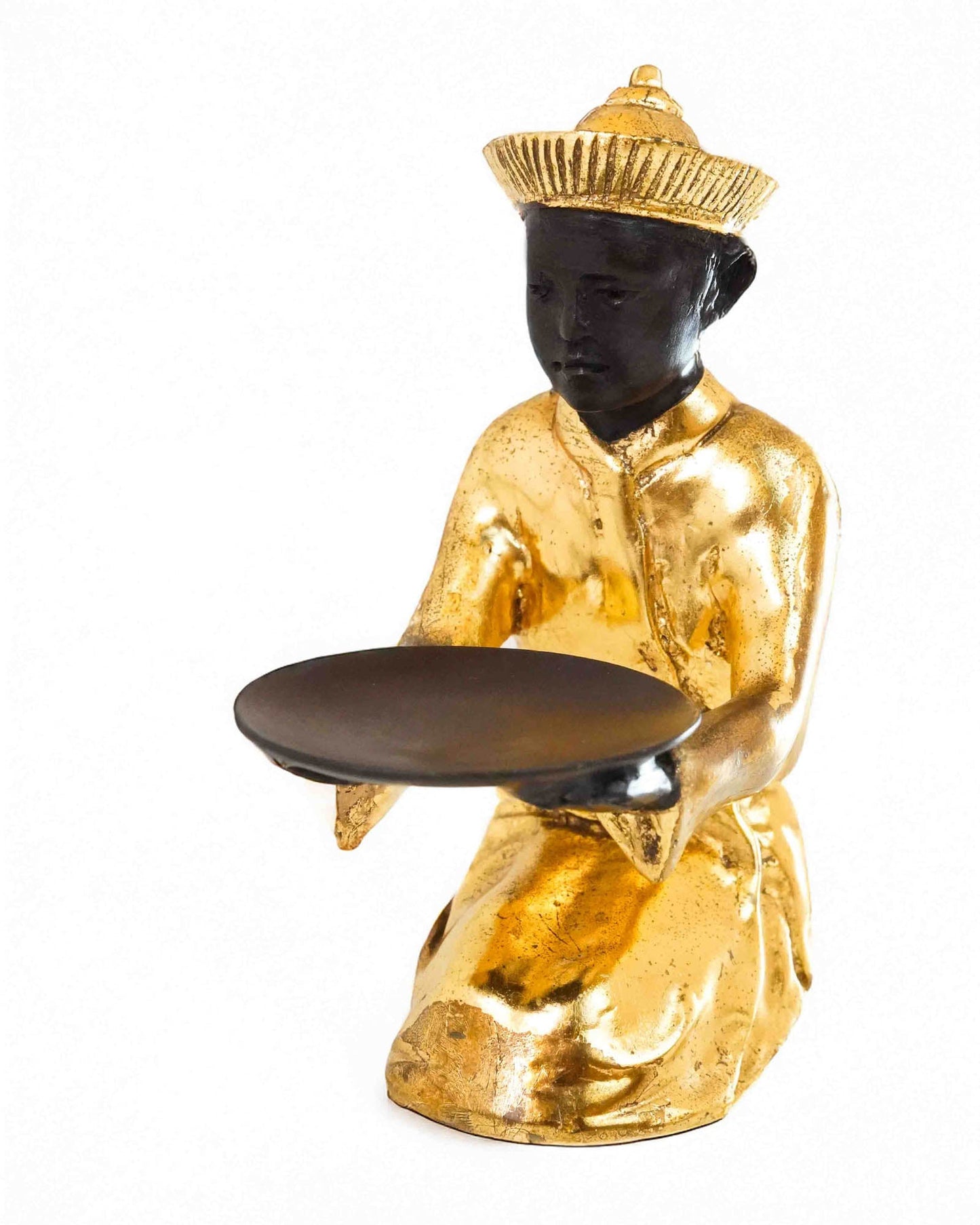 Golden Metallic Statue Of Sitting Asian Man With Tray