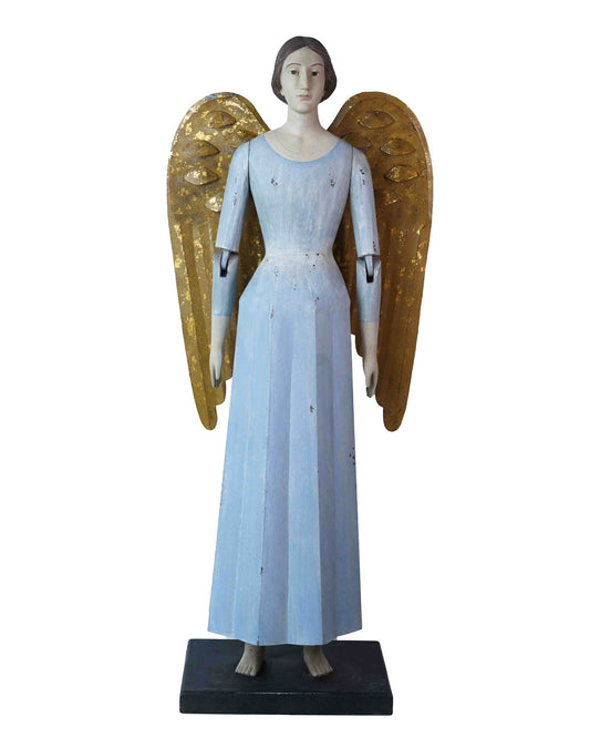 Vintage Wooden Angel Statue with Gold Wings