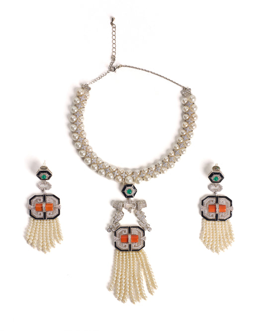 Pearl tassel set (Necklace with earring)