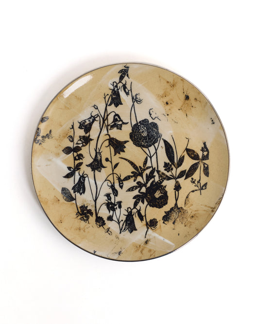Handcrafted Ash Grey Ceramic Quarter Plate with Vintage Floral Print