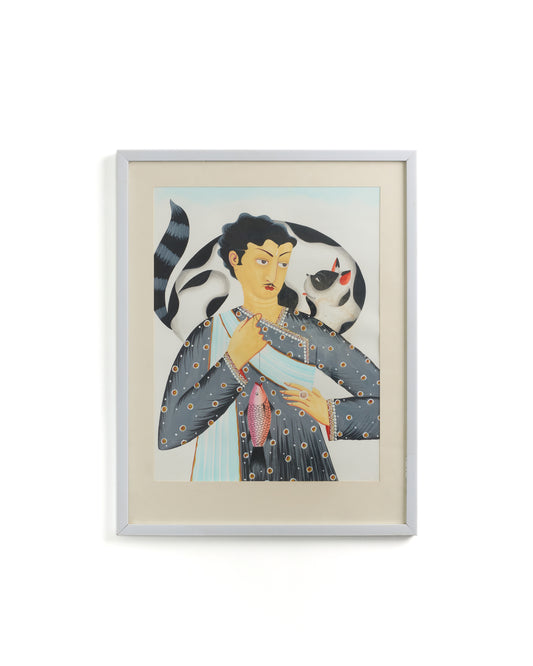 Modern Kalighat "Babu with Cat & Fish" Framed Art Print