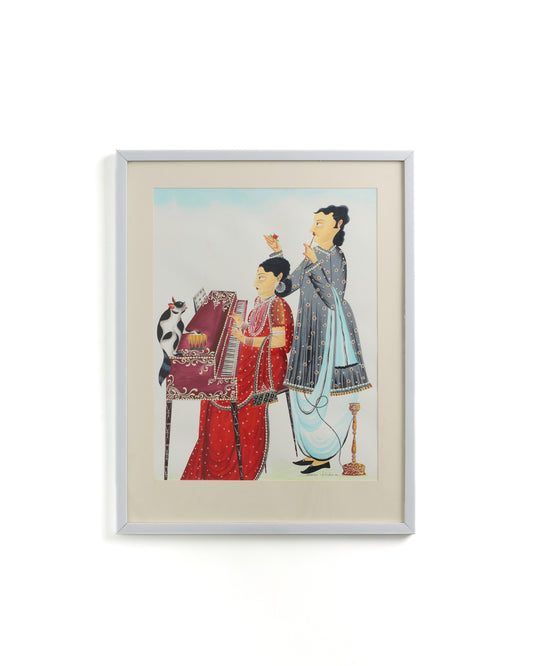 Modern Kalighat "Babu & Bibi with Cat" Framed Art Print