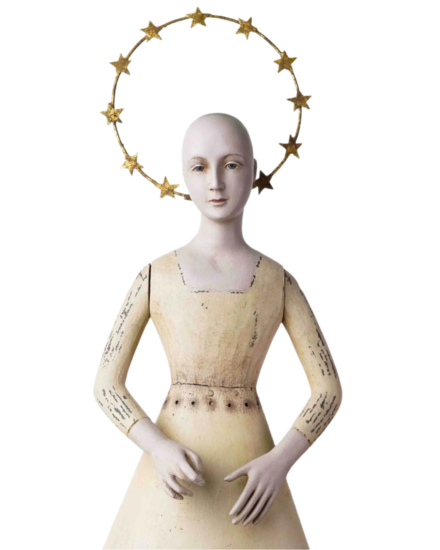 Vintage Wooden Angel Statue with Halo and Pedestal Base