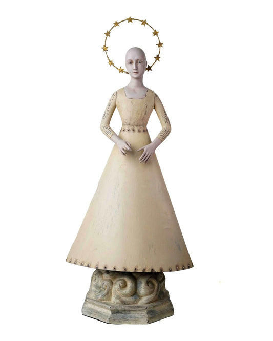 Vintage Wooden Angel Statue with Halo and Pedestal Base