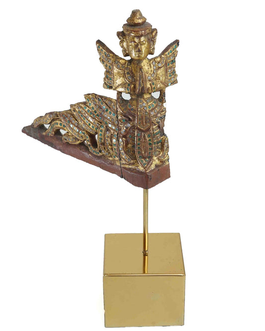 Vintage Wooden Praying Monk With Elaborated Left Side Decorated With Gem Stones