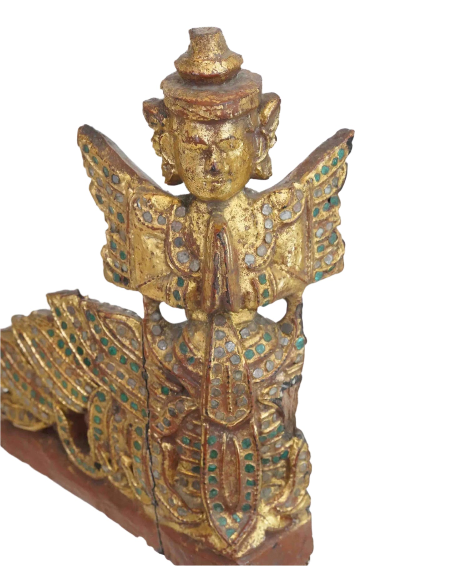 Vintage Wooden Praying Monk With Elaborated Left Side Decorated With Gem Stones