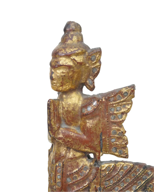 Vintage Wooden Praying Monk With Elaborated Right Side Decorated With Gem Stones