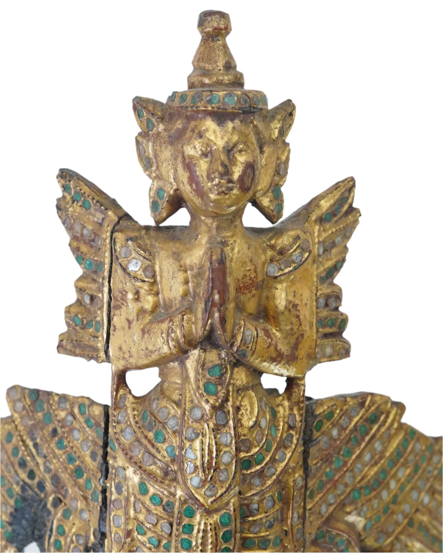 Vintage Praying Monk Statue with Gemstone Detailing