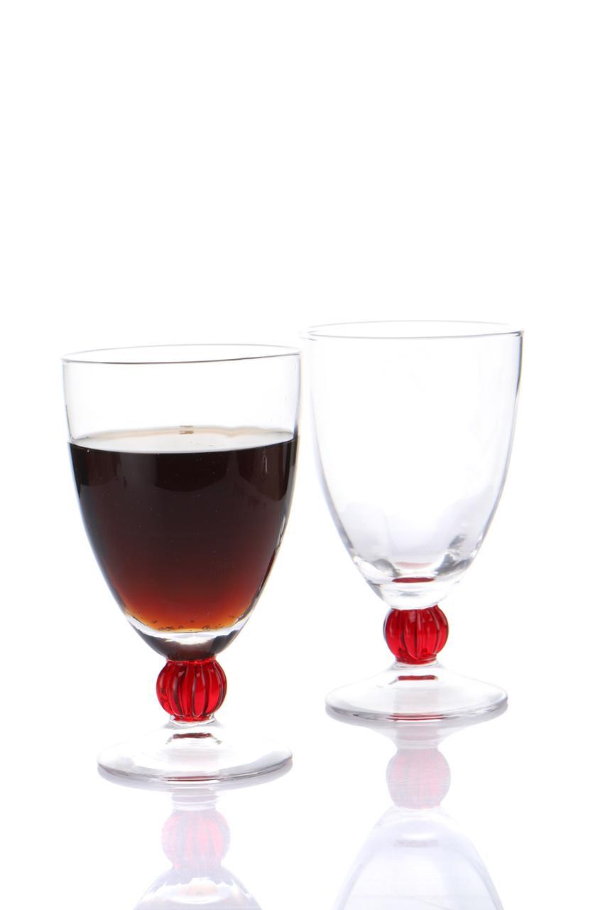 Muran Handcrafted Clear Goblet Glass with Red Accent Stem- Set of 6