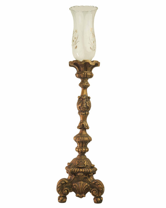 Antique Gold Wooden Candle Stand with Glass Hurricane