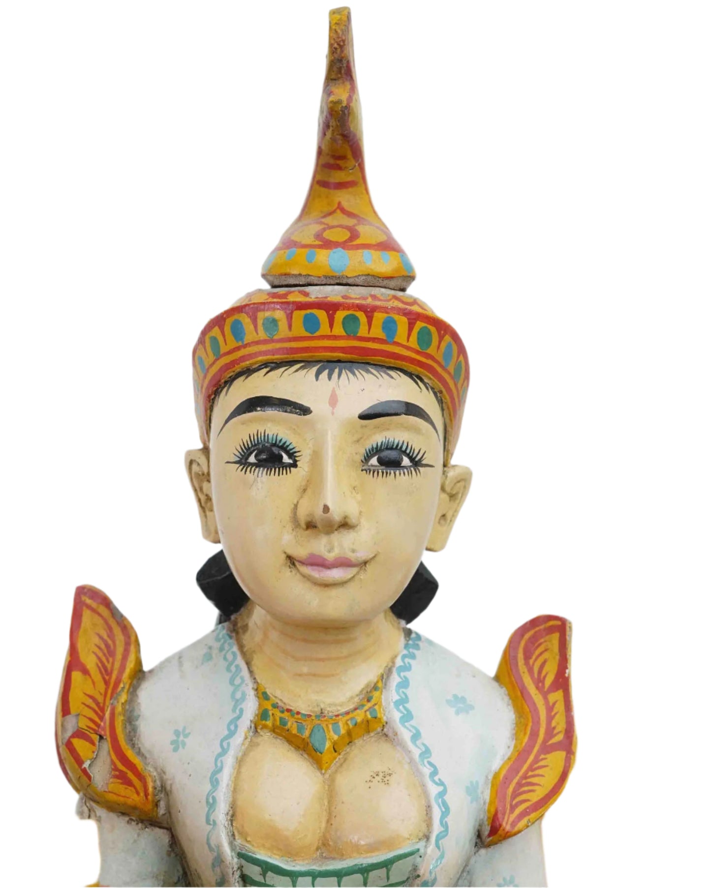 Wooden Saraswati Statue With Vibrant Colors Sitting On A Hamsa Bird