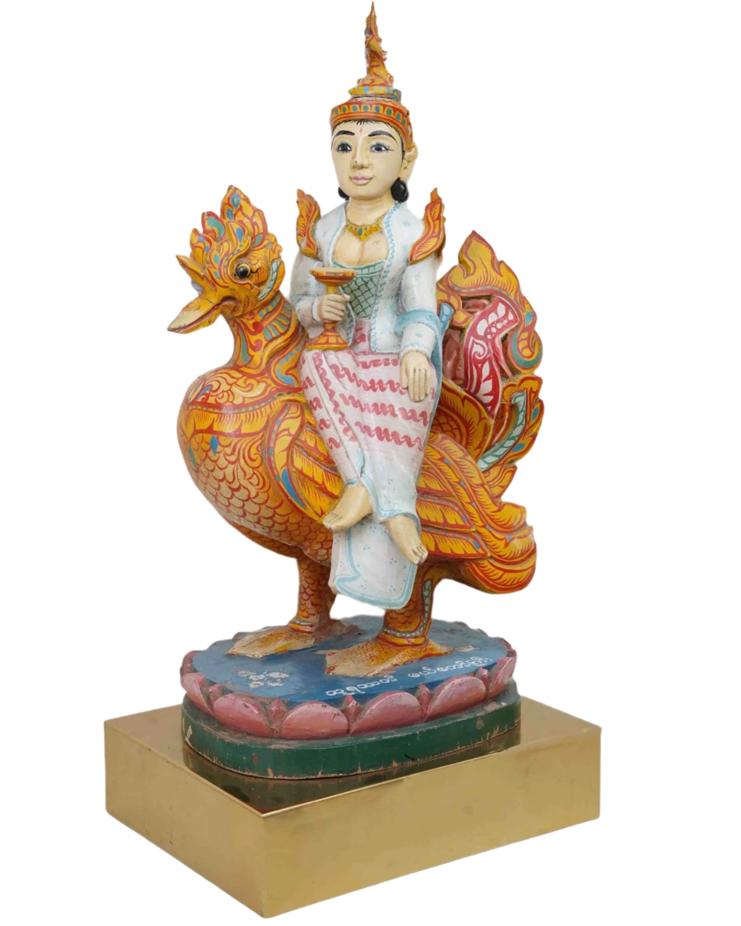 Wooden Saraswati Statue With Vibrant Colors Sitting On A Hamsa Bird