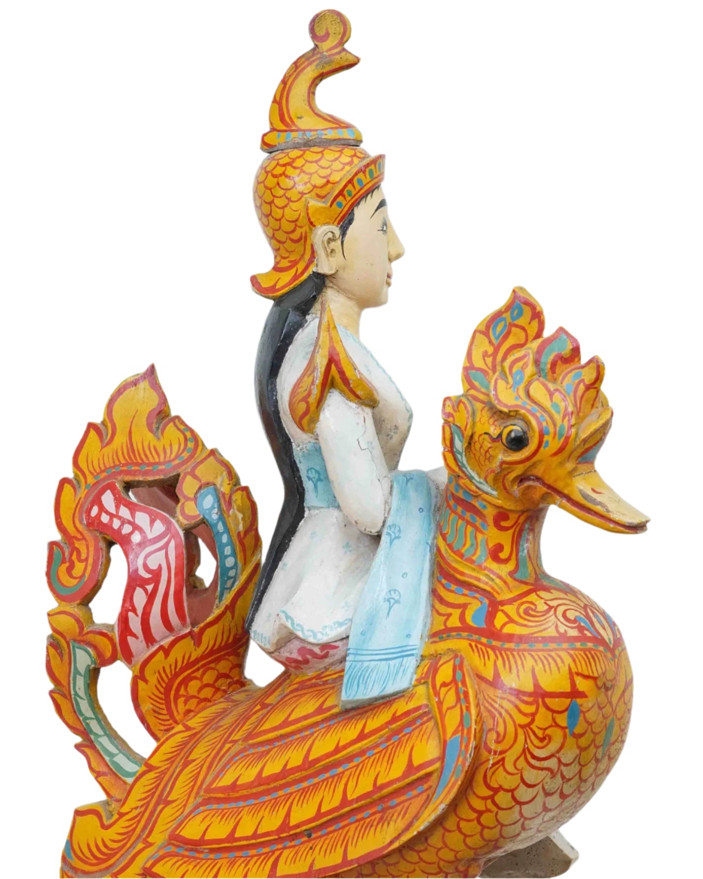 Wooden Saraswati Statue With Vibrant Colors Sitting On A Hamsa Bird