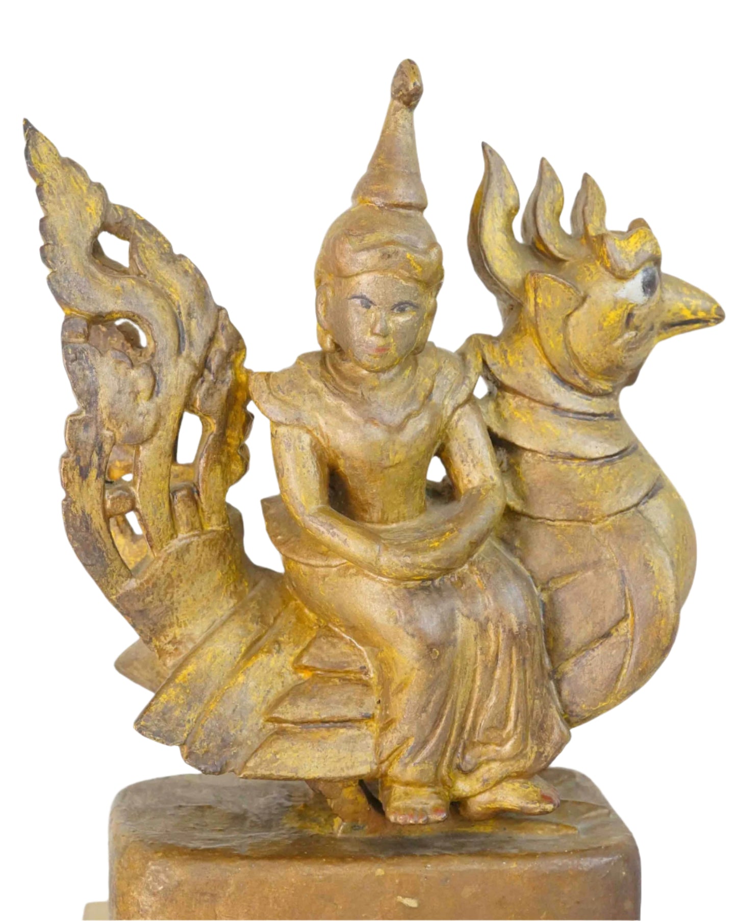 Wooden Antique Burmese Goddess Sitting Atop A Hintha Bird